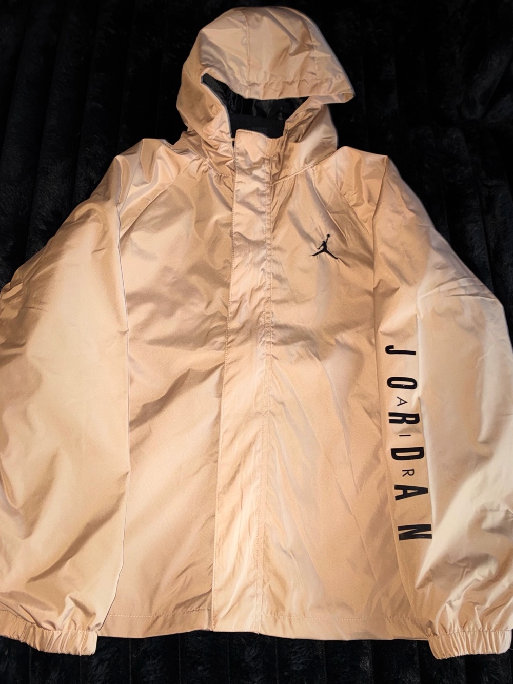Jordan Beige Hooded Raincoat with Black Jumpman and Sleeve Logo